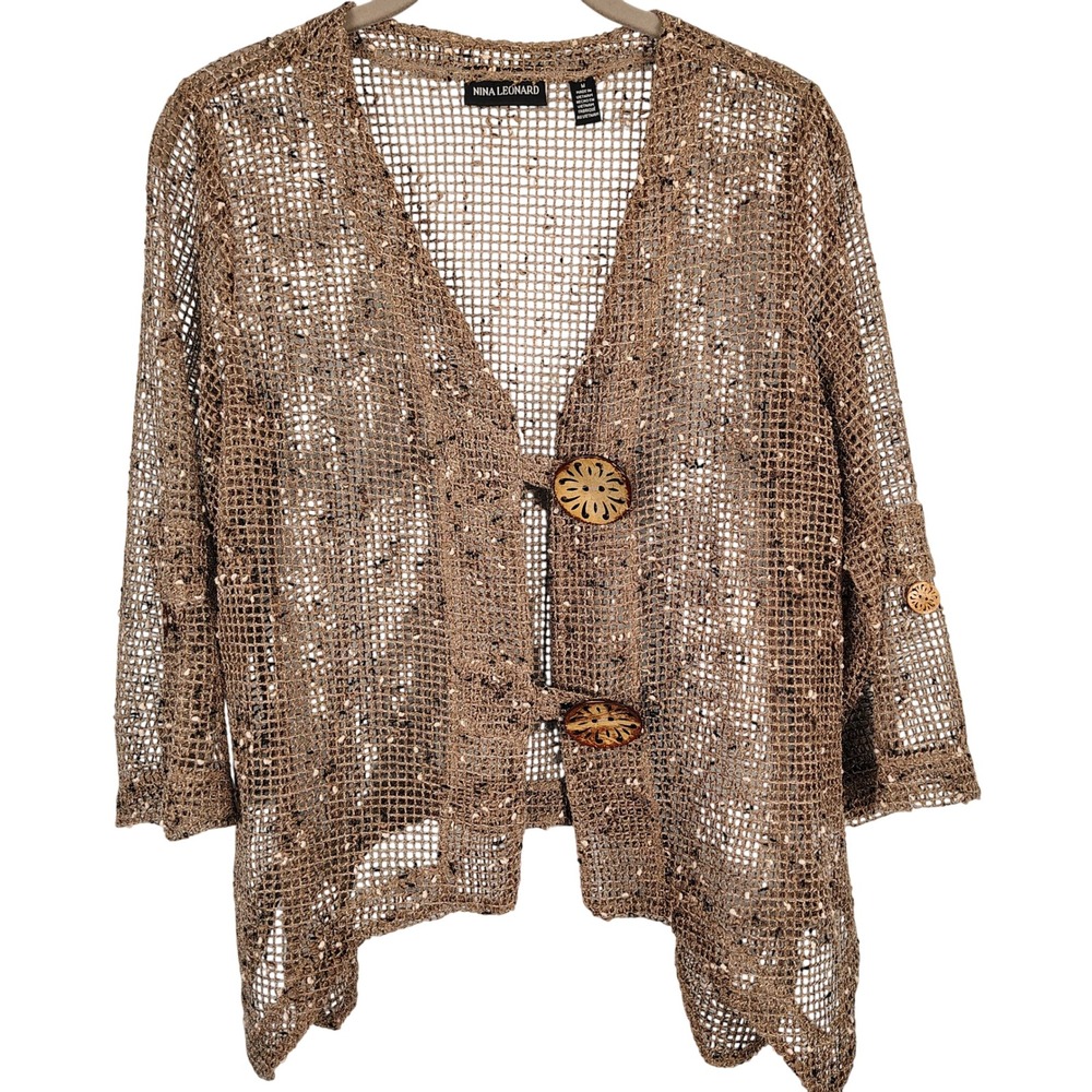 Nina Leonard Womens M Open Knit Mesh Cardigan Brown Wood Button Boho Gorpcore